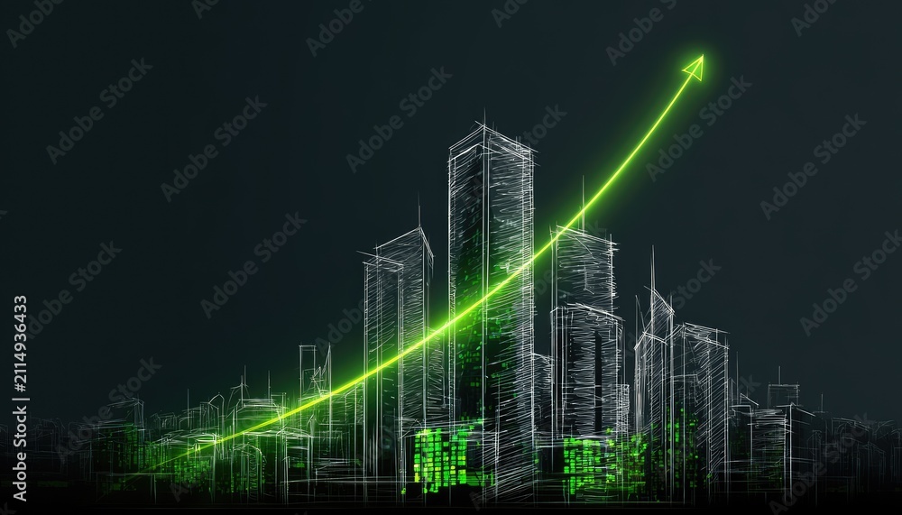 Naklejka premium Futuristic city skyline with a vibrant green upward trend arrow