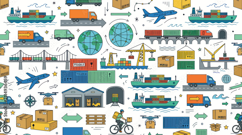 Naklejka premium Colorful Line Art Global Logistics, Cargo Shipping Transportation Network Seamless Pattern