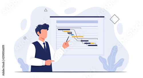 Man presenting Gantt chart on whiteboard, project management, planning, strategy, business meeting concept illustration