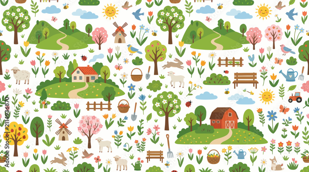Fototapeta premium Charming Farm Scene with Animals, Barn, and Blooming Flowers, Flat Vector Art