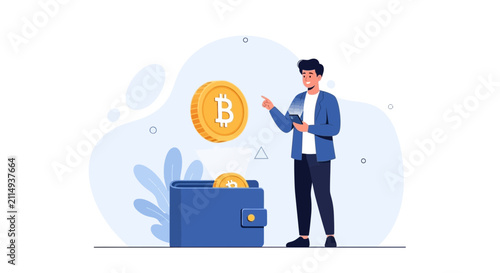 Man with Smartphone and Bitcoin Wallet: Digital Currency Transaction and Investment Concept