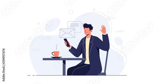 Man with Smartphone and Coffee in Modern Flat Illustration Style