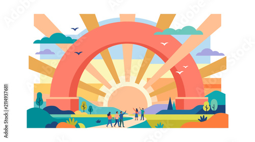 People walking toward a sunrise under a large red arch. Illustrates hope, teamwork, and future beginnings in a stylized vector landscape.