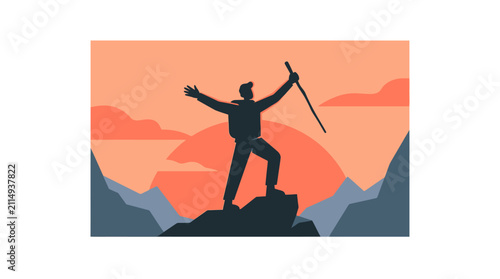 Hiker Silhouette Celebrating on Mountain Peak at Sunset Vector Illustration