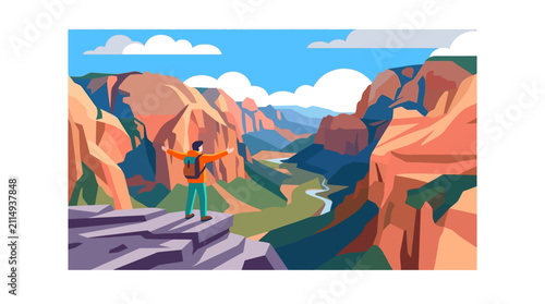 Hiker Standing on Cliff Edge Overlooking Scenic Canyon Valley Vector Illustration; Achievement and Outdoor Adventure Concept