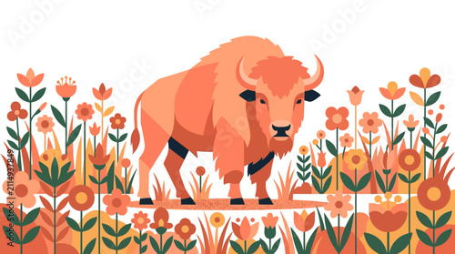 Stylized Bison Illustration in Floral Meadow Vector Art
