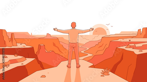 Man with Outstretched Arms Overlooking Canyon at Sunset