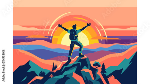 Hiker on Mountain Peak at Sunset Vector Illustration for Success and Adventure