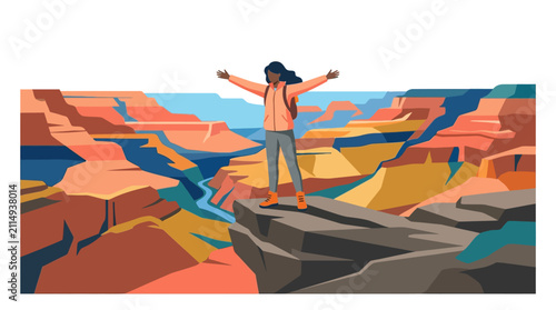 Female Hiker Standing on Grand Canyon Cliff with Arms Outstretched