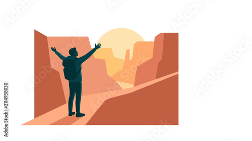 Hiker with Backpack and Outstretched Arms at Sunset in a Canyon, Minimalist Vector Art Illustration