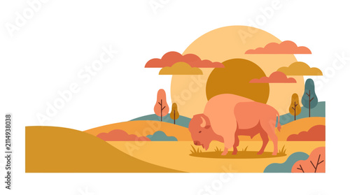 Minimalist Bison Illustration in Sunset Prairie Landscape Vector Art