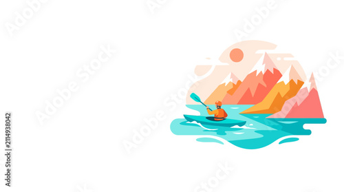 Flat Vector Illustration of Kayaking on Mountain Lake at Sunset