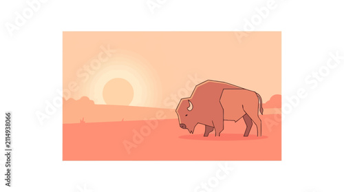 Minimalist Bison Vector Illustration in Prairie Sunset