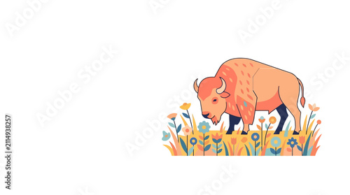 Minimalist Bison Vector Illustration in Floral Meadow