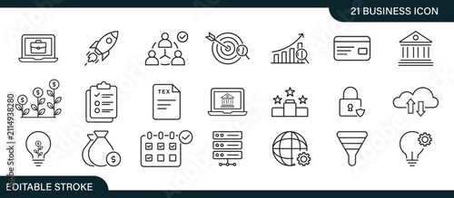 A collection of 21 business, finance, technology, and growth icons. Includes management, planning, analytics, security, and innovation concepts with editable stroke.