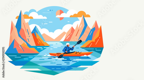 Vector Illustration of Person Kayaking in Mountain Lake Landscape