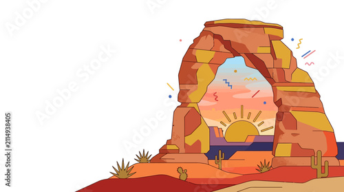 Modern Red Rock Arch Desert Landscape Illustration at Sunset with Memphis Accents