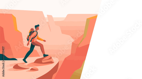 Hiker with Backpack Trekking Through Desert Canyon Minimalist Vector Illustration