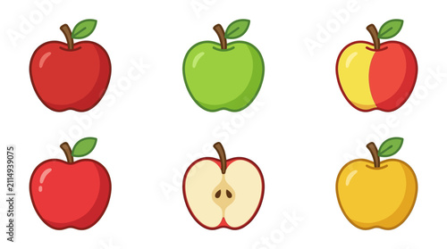 Apples in different varieties and states are displayed as a collection of fresh fruit for healthy eating concepts.
