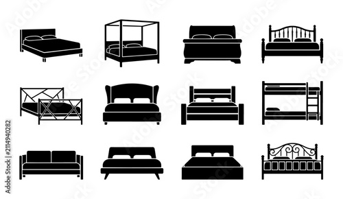 Принти на полотні Vector Collection of Diverse Bed Styles, Furniture Silhouettes, Bedroom Design E