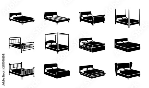Obraz na plátně Diverse Bed Styles Collection, 12 Vector Icons for Bedroom Design, Furniture Sil