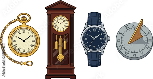 Fotografie Collection of timekeeping devices featuring pocket watch grandfather clock moder