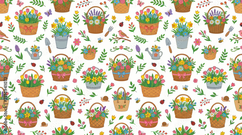 Obraz premium Cute Cartoon Style Spring Gardening Flowers and Floral Baskets Seamless Pattern Vector