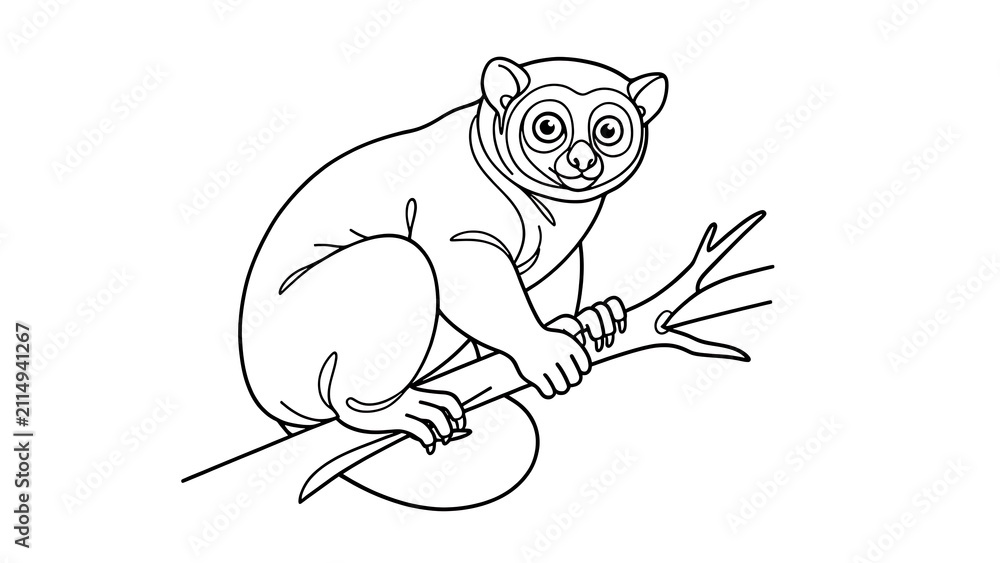 Obraz premium Cute cartoon lemur on branch white background.