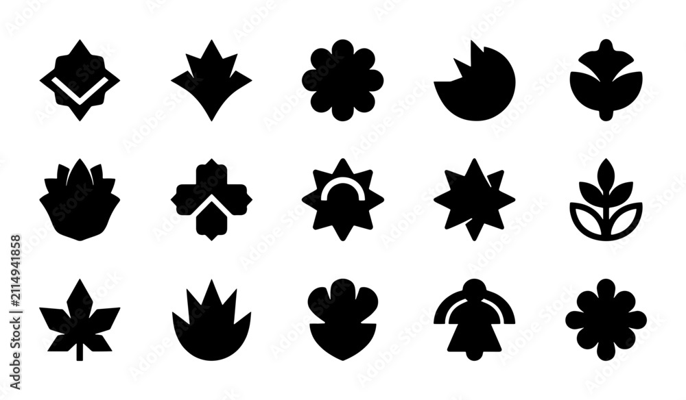 Obraz premium Abstract Geometric Floral Icons, Stylized Botanical Emblems, Minimalist Decorative Symbols, Set of 15 Black Vector Graphics for Design