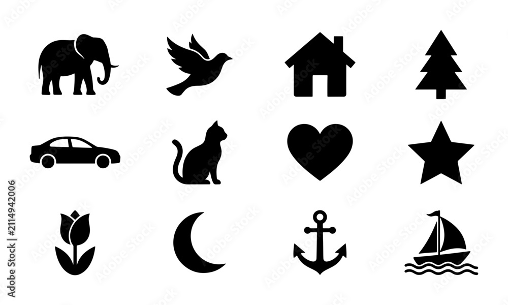 Fototapeta premium Simple Black Vector Icons Set: Elephant, Dove, House, Tree, Car, Cat, Heart, Star, Tulip, Moon, Anchor, Sailboat - Graphic Elements for Design