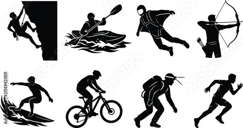 Foto Extreme sports and outdoor adventure activities black vector silhouette set isol
