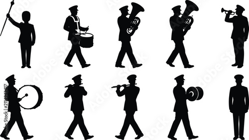 Konstfotografi Marching band musicians playing brass and percussion instruments vector silhouet