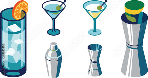 Isometric cocktail and bar equipment icon set featuring martini glasses shaker jigger and drinks with ice