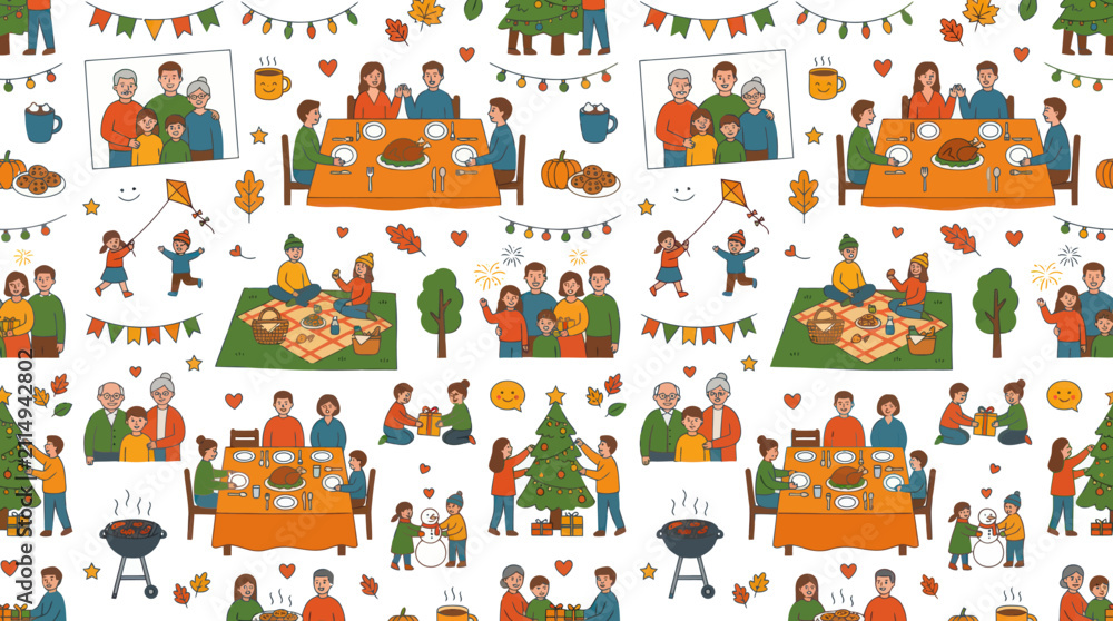 Fototapeta premium Hand-drawn Family Holiday and Seasonal Activities Doodle Seamless Vector Pattern