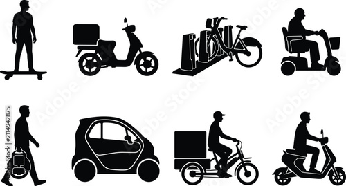 Urban micromobility and eco friendly personal electric transport black vector silhouette set isolated on white background