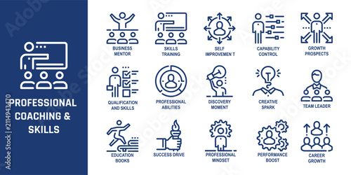 Professional coaching and skills icons. Business training and career development vector set.