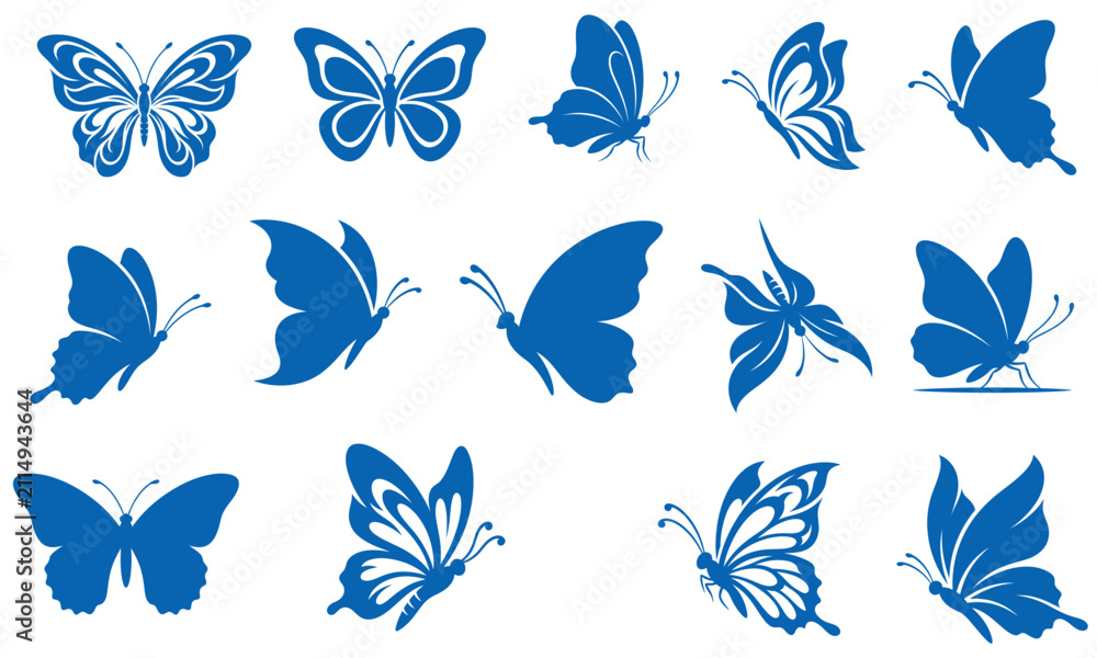 Fototapeta premium Set of Minimal Butterfly Silhouette Vector Icons Collection Isolated on White Background