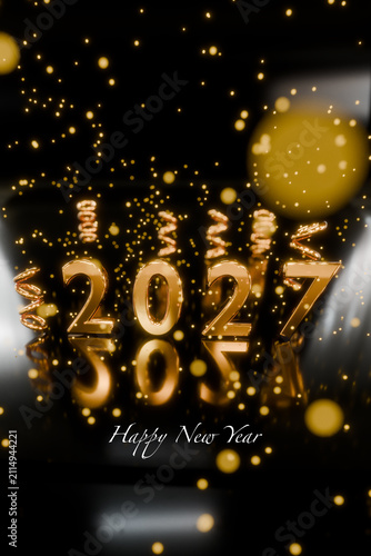 2027 number happy new year render 3D with sparkling bokeh lights between fireworks