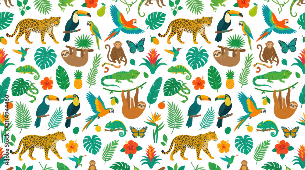 Fototapeta premium Tropical Wildlife Seamless Pattern: Jaguars, Toucans, Sloths, Parrots, Monkeys, Lizards, Flora