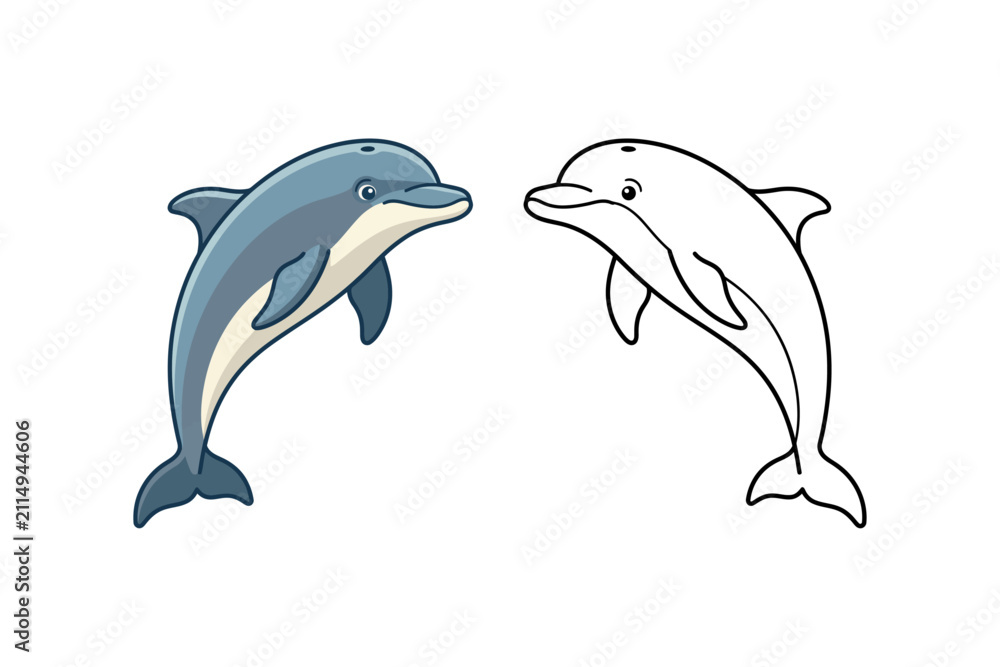 Fototapeta premium Cute Cartoon Dolphin Character Set with Color and Outline Illustration