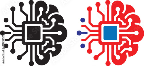Artificial intelligence brain logo with circuit board lines, digital neural network icon, red and blue cybernetic processor vector set