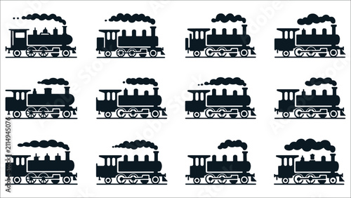 Set of vintage steam locomotive train silhouettes with smoke isolated on a white background for design