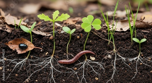 Small green plant sprouts growing from soil with roots.