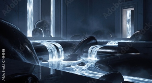 Futuristic interior design with glowing blue waterfalls and rocks.