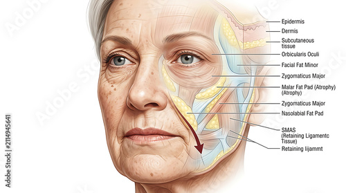 Detailed labeled diagram of older woman's facial anatomy face