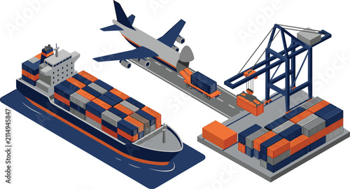 Professional vector illustration of global shipping logistics featuring container vessel cargo aircraft and port terminal