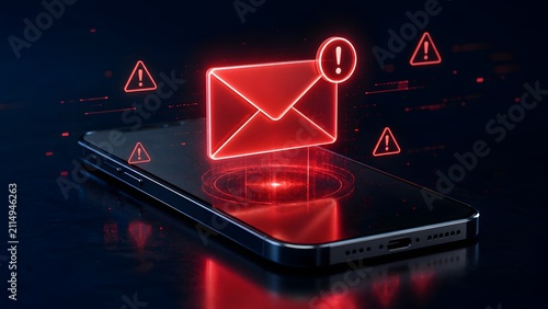 Glowing 3D red email envelope and warning signs hovering over a modern smartphone, representing mobile phishing scams and SMS security threats.