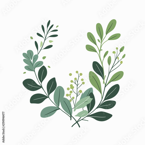 Minimalist hand drawn botanical wreath illustration with green leaves and branches.