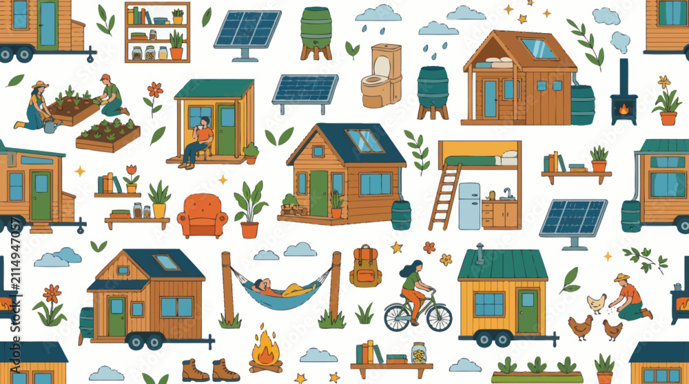 Fototapeta premium Cozy Tiny House Living Vector Illustration - Eco-Friendly Lifestyle Art