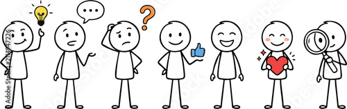 Set of Cute Stick Figure Characters Expressing Different Emotions and Ideas with Lightbulb, Speech Bubble, Question Mark, Thumbs Up, Heart, and Magnifying Glass